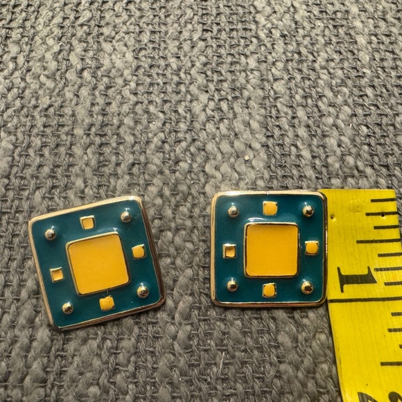 80’s Vintage Teal and Yellow Square Earrings - Picture 3 of 4